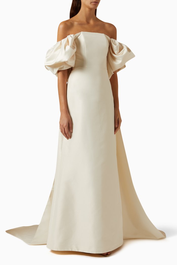 Puffed-sleeve Off-shoulder Maxi Dress in Satin, Neutral