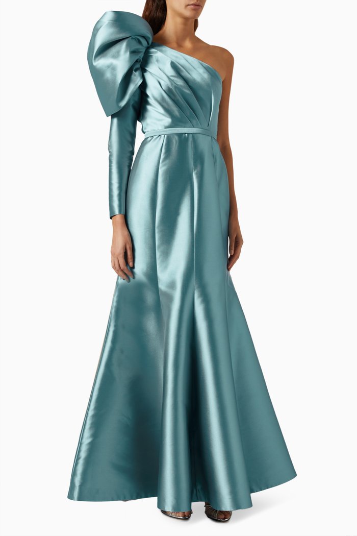 

Puffed-shoulder Mermaid Maxi Dress in Metallic-satin, Blue