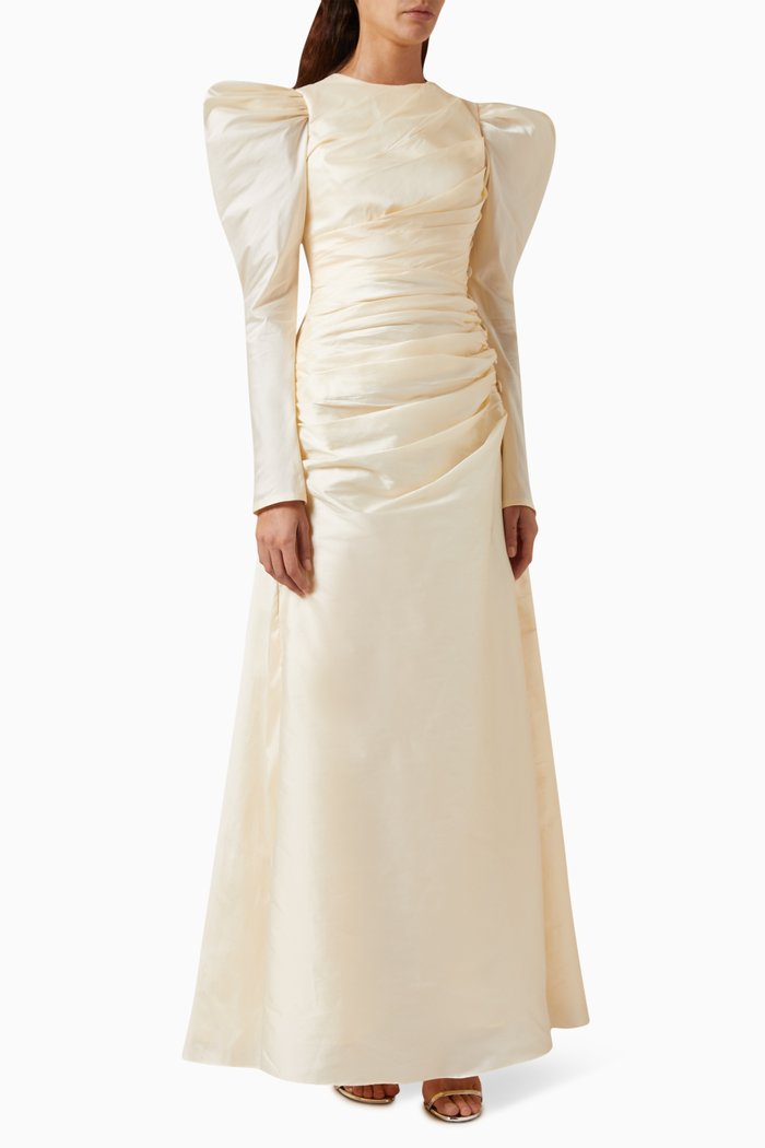 

Puffed-shoulder Maxi Dress in Taffeta, Neutral