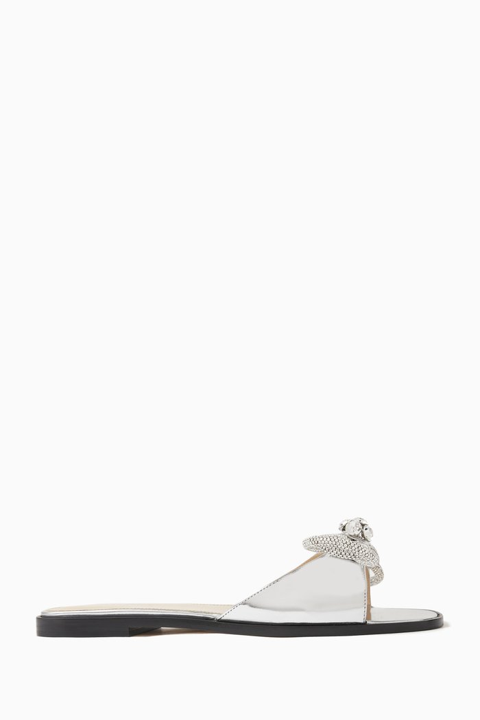 

Double Bow Slides in Metallic Leather, Silver