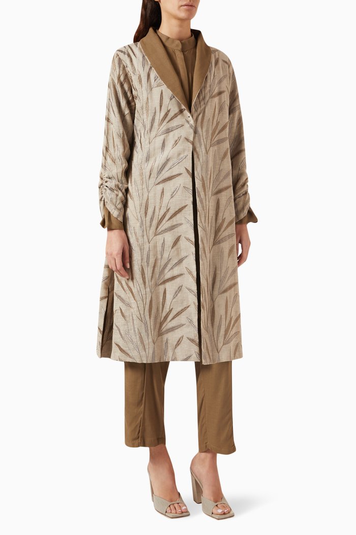 

Printed Long Jacket, Shirt & Pant Set, Brown