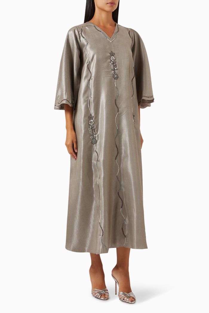 Embroidered Maxi Dress in Satin, Grey