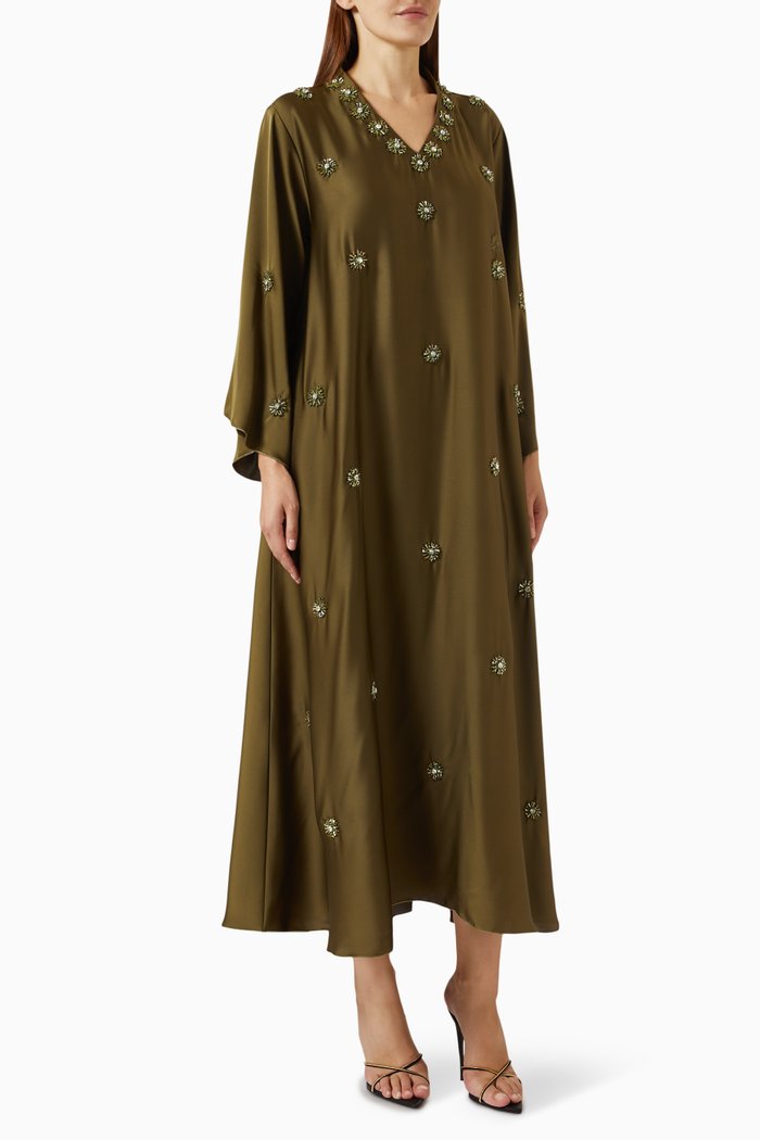 Embellished Maxi Dress in Satin, Brown