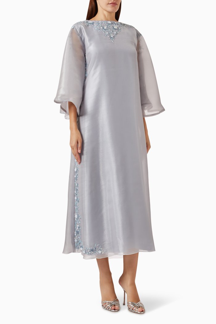 

Embellished Neckline Maxi Dress in Organza, Silver