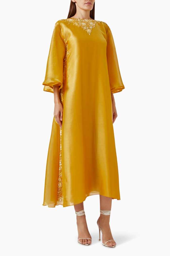 Embellished Neckline Maxi Dress in Organza, Yellow