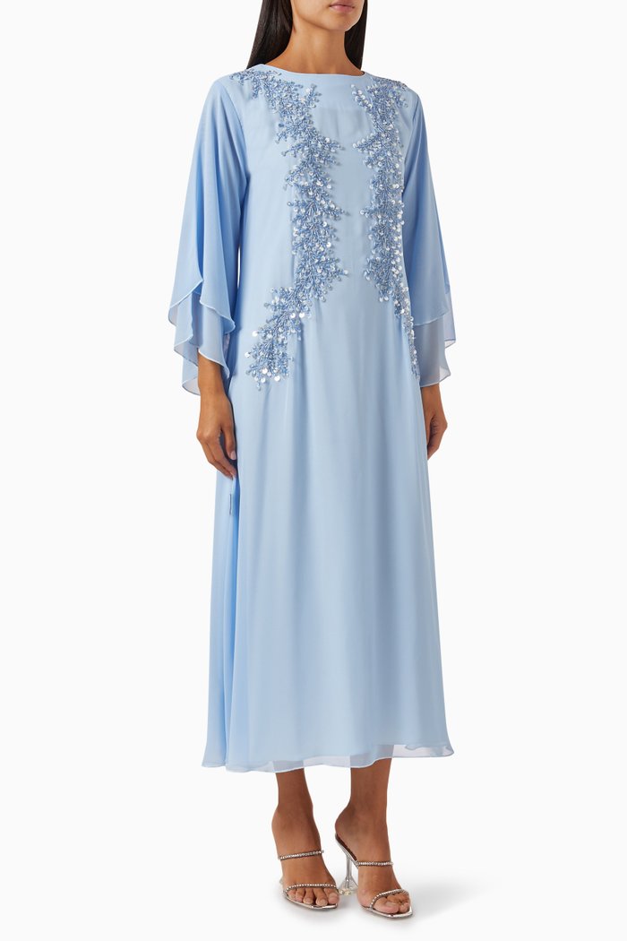 Embellished Panelled Maxi Dress in Crepe, Blue
