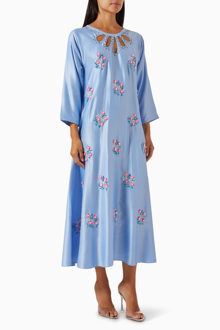 

Embellished Cut-out Maxi Dress in Satin, Blue