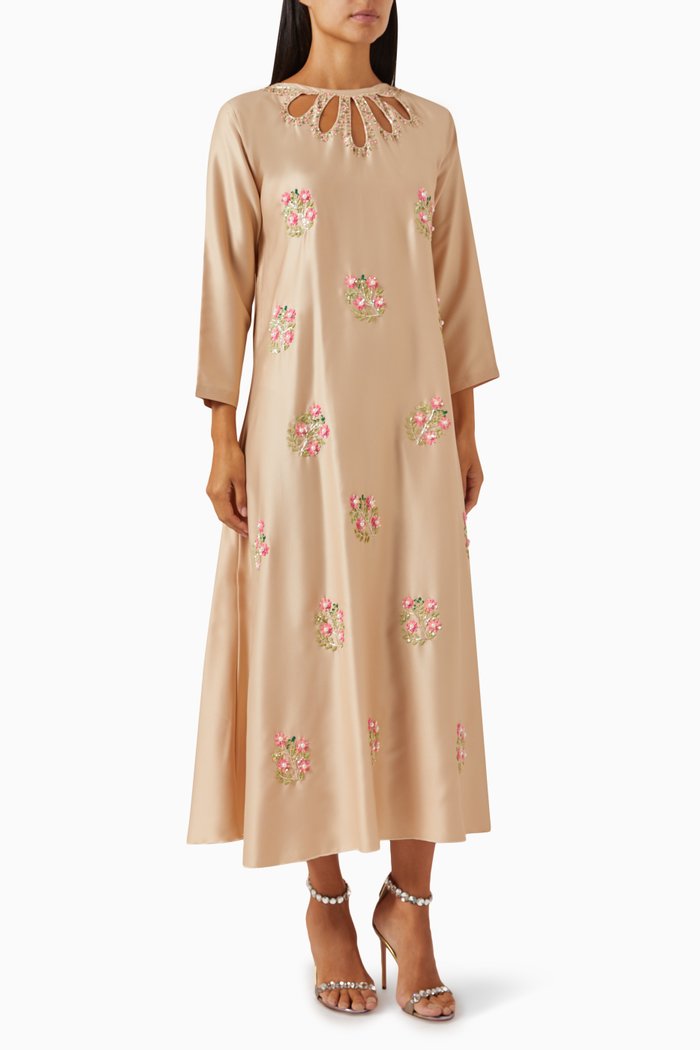 

Embellished Cut-out Maxi Dress in Satin, Neutral