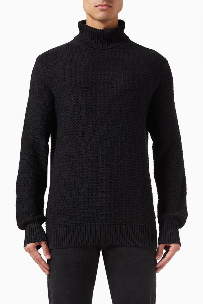 

Textured Rollneck Sweatshirt in Organic Cotton Blend Knit, Black