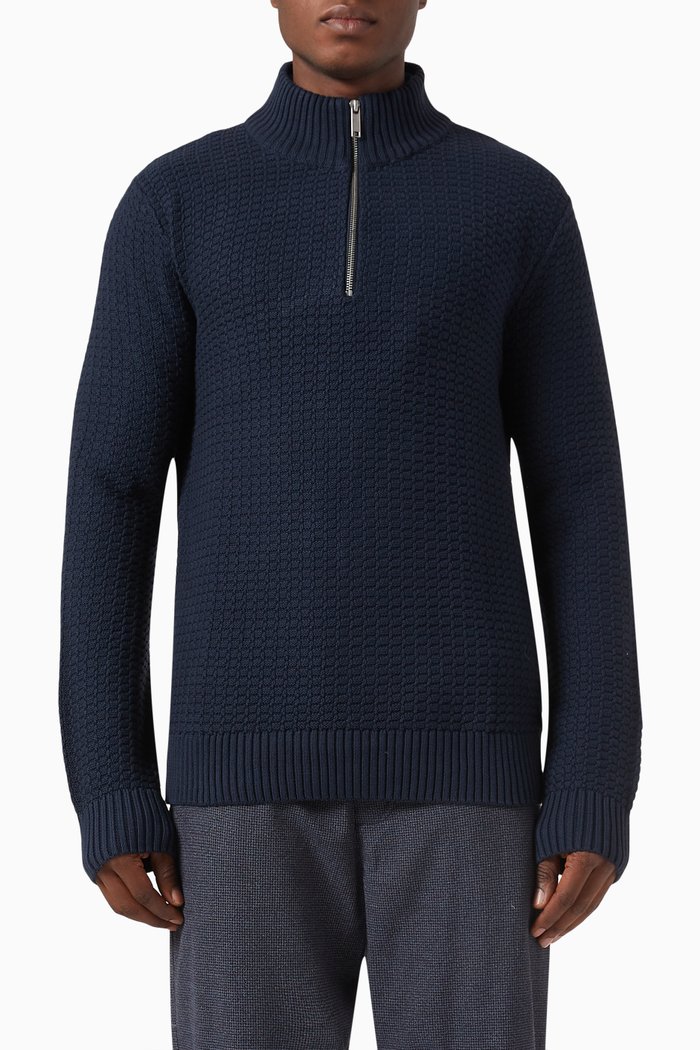

Textured Half-zip Sweatshirt in Organic Cotton Blend Knit, Blue