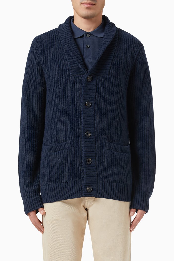 

Structured Knit Cardigan in Wool Blend, Blue