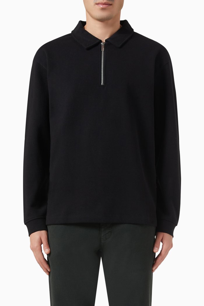 Zip Polo Shirt in Organic Cotton, Black