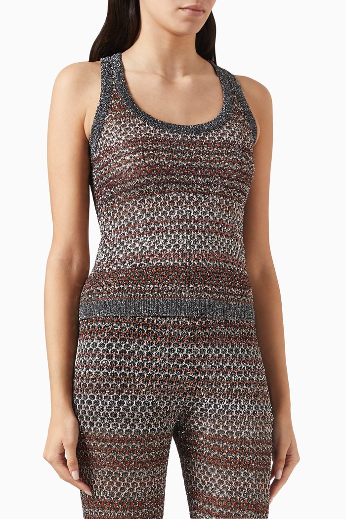 

Sequin Appliqué Tank Top in Mesh Knit, Black
