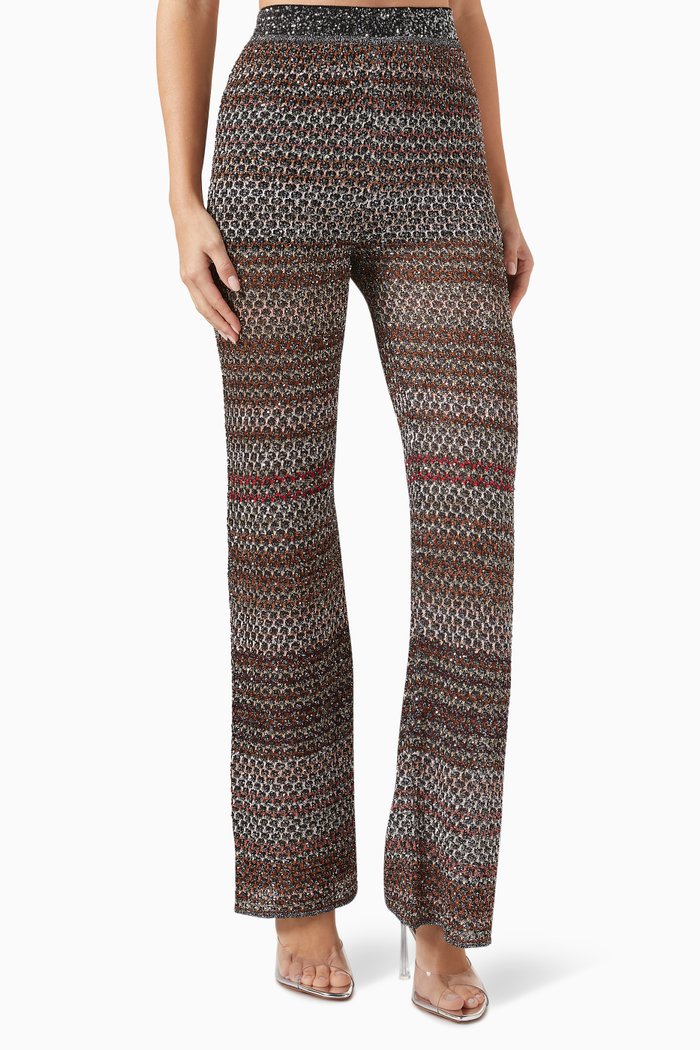 

Flared Pants in Lamé Mesh Knit, Black