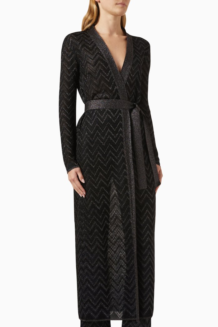 Belted Long Cardigan in Chevron-knit, Black