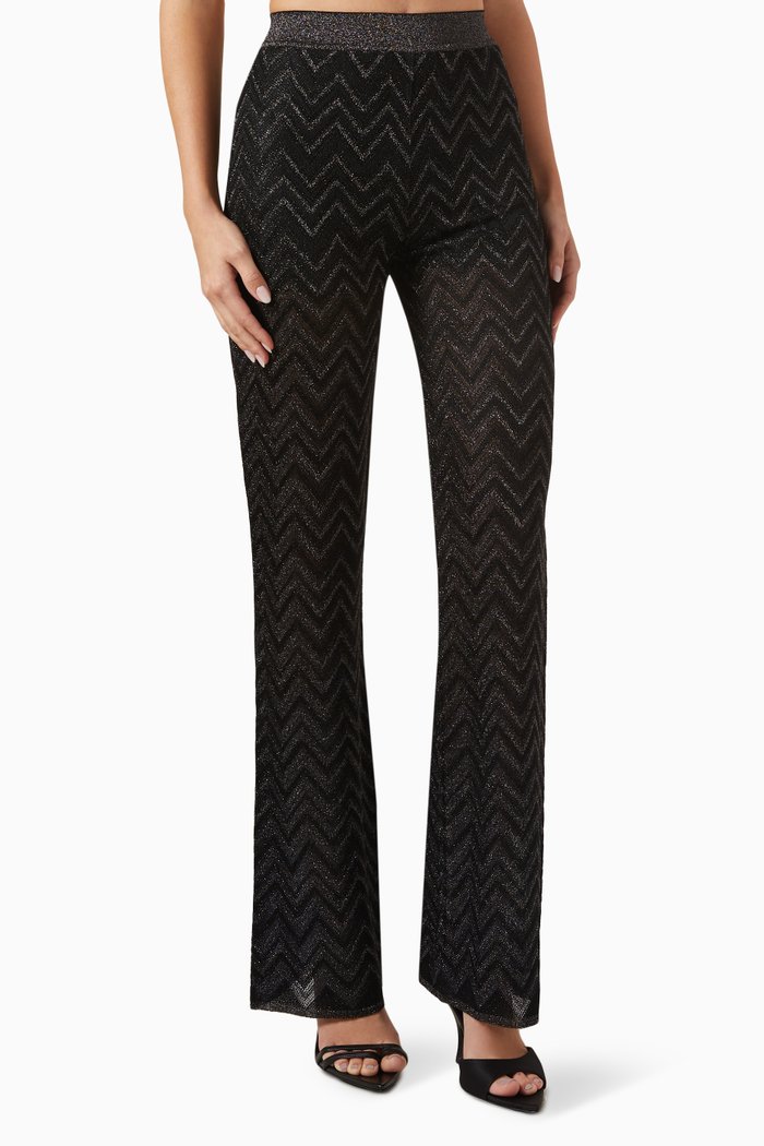 Straight-leg Pants in Chevron-knit, Black
