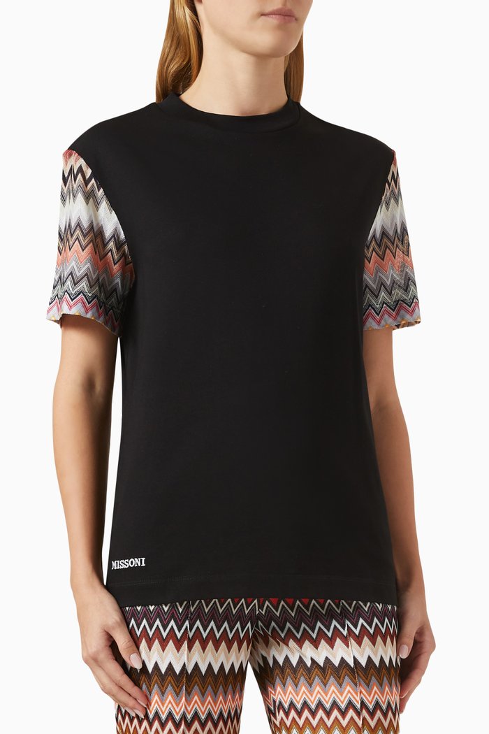 

Chevron Contrast-sleeve T-shirt in Cotton Jersey, Black