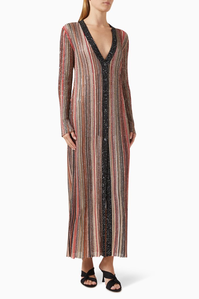 

Sequin Striped Long Cardigan in Vertical Knit, Black