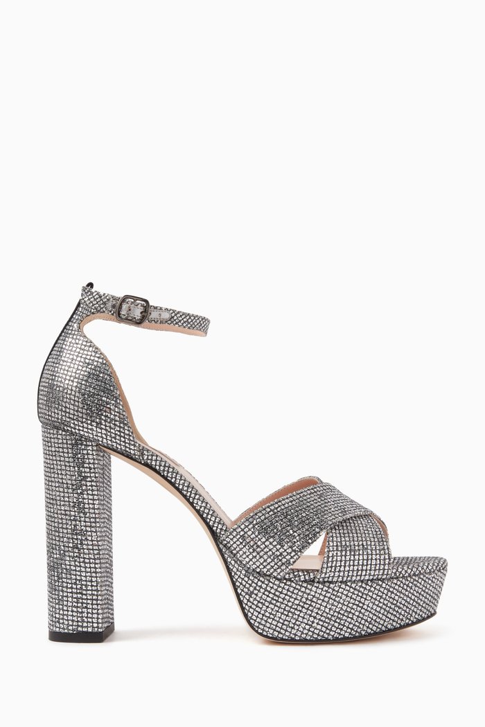 Ginger 90 Platform Sandals in Glittered Fabric, Silver