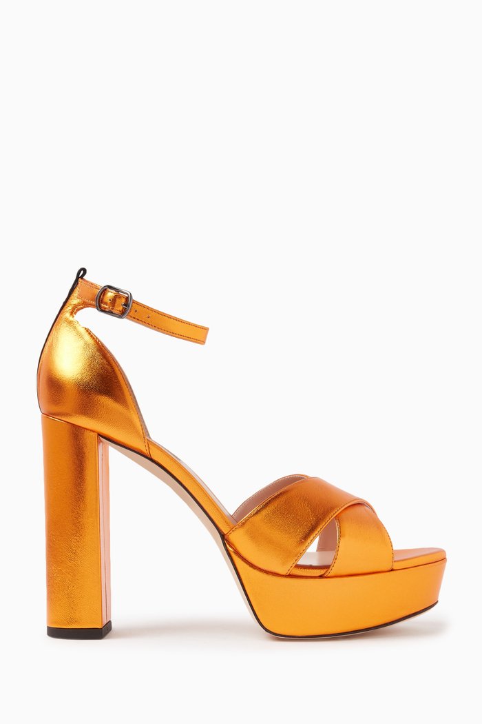 

Ginger 90 Platform Sandals in Metallic Leather, Orange