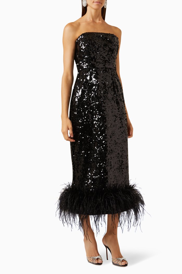 

Strapless Feathered Midi Dress in Sequin-fabric, Black
