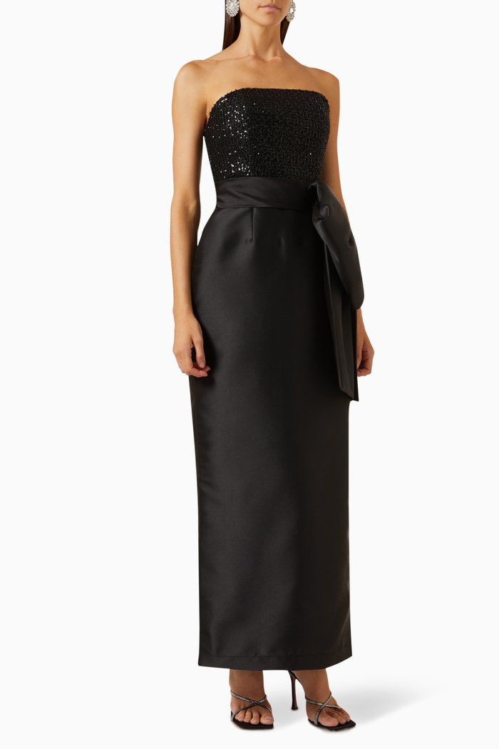 

Strapless Sequin Bodice Maxi Dress in Mikado, Black
