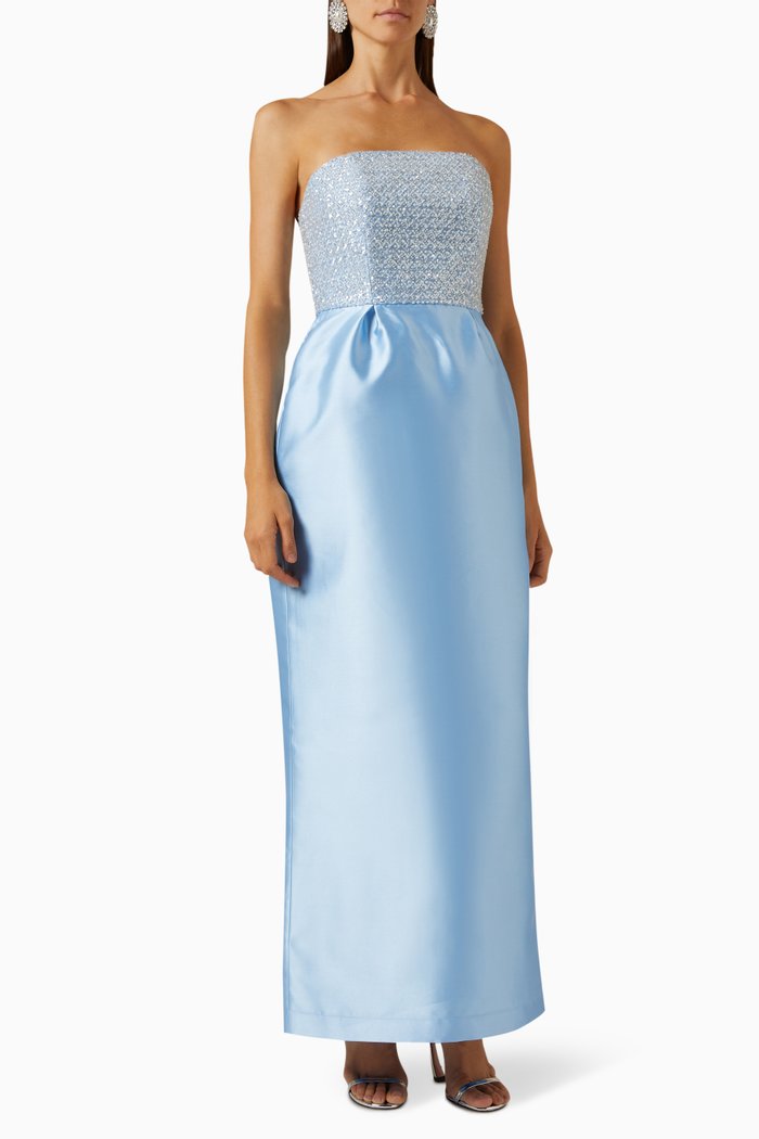 

Embellished Strapless Gown in Mikado, Blue