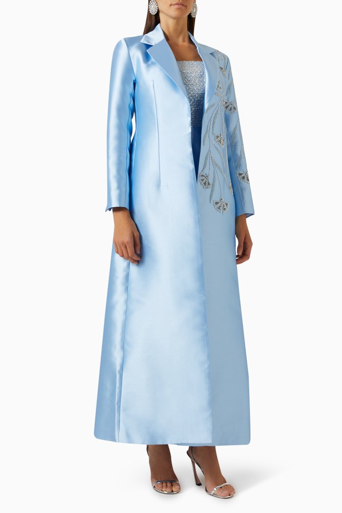 Floral-embellished Coat Abaya in Mikado, Blue