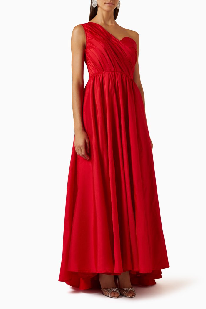

One-shoulder Pleated Maxi Dress in Crepe, Red