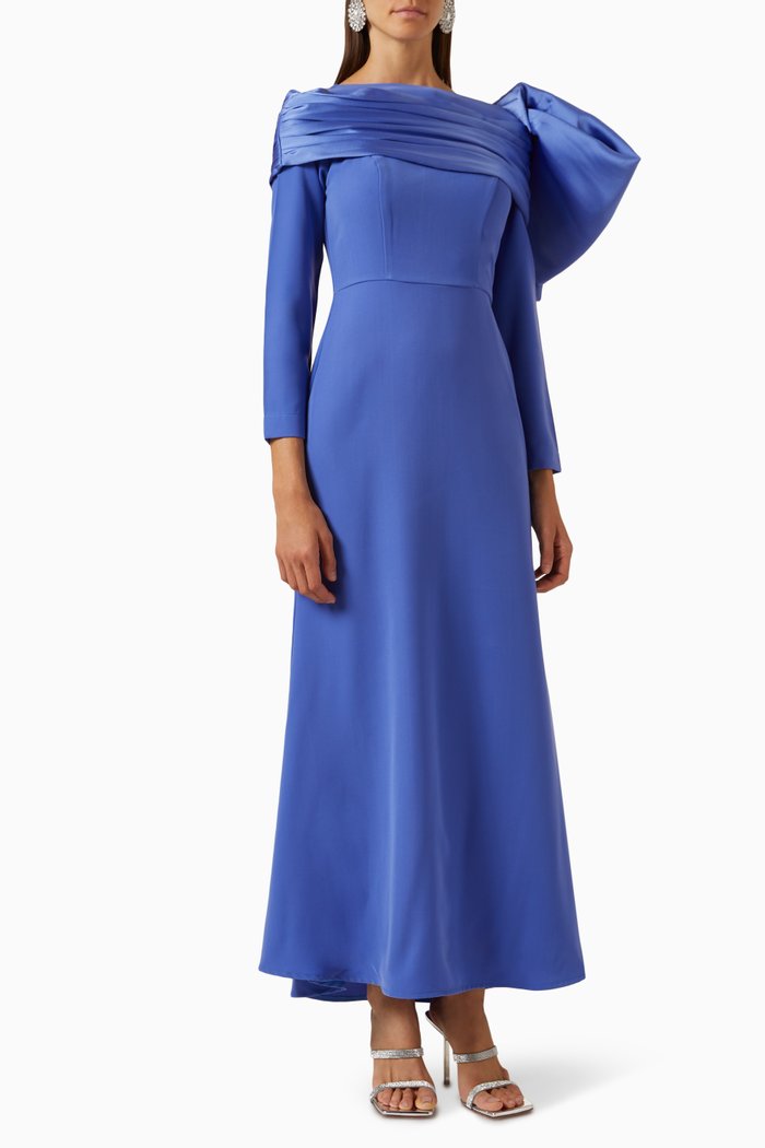 

Ruched Bow Neckline Maxi Dress in Crepe, Blue