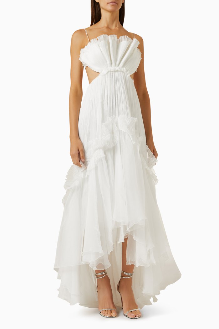Azora Ruffle Maxi Dress in Silk Mousseline, Neutral
