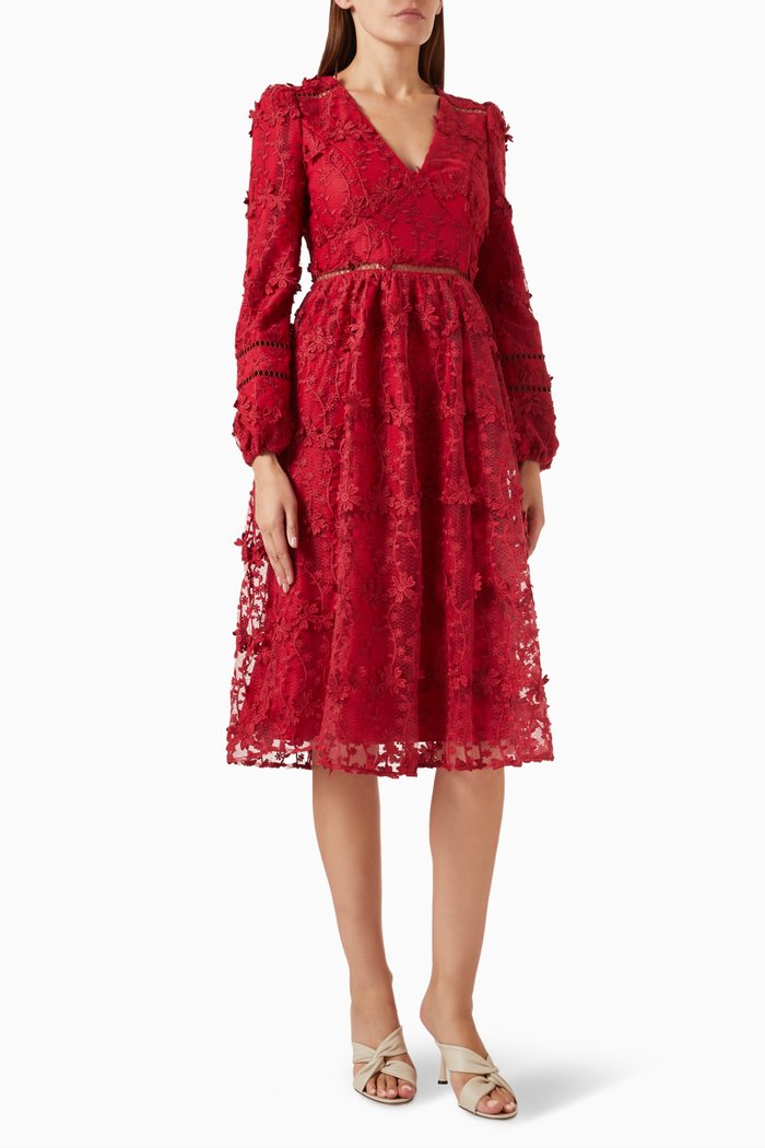 

3D Floral Embroidered Midi Dress in Polyester, Red