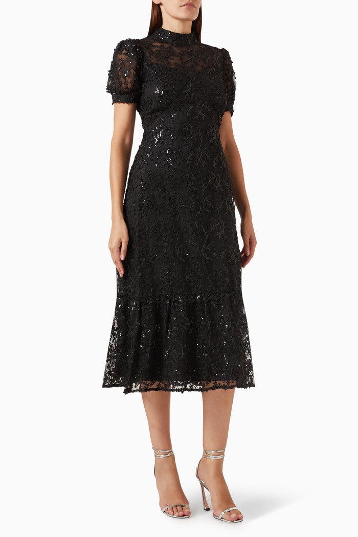 

High Neck Embroidered Midi Dress, Black