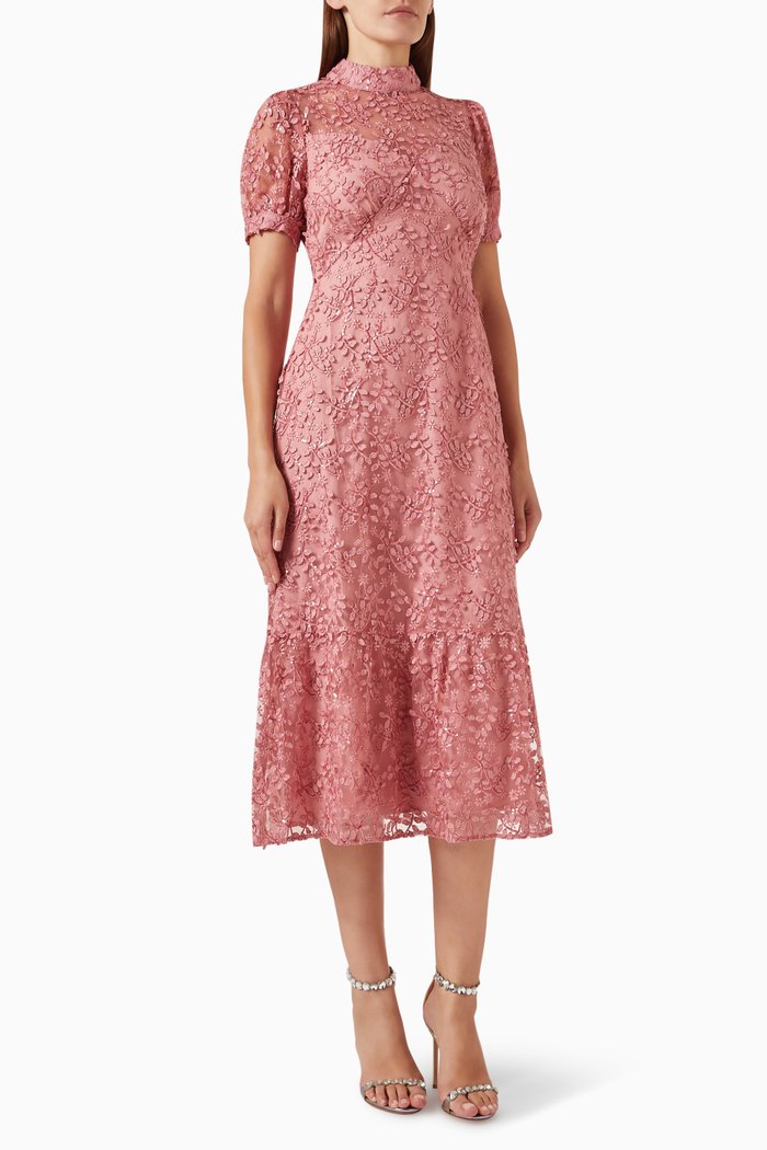 

High Neck Embroidered Midi Dress, Pink