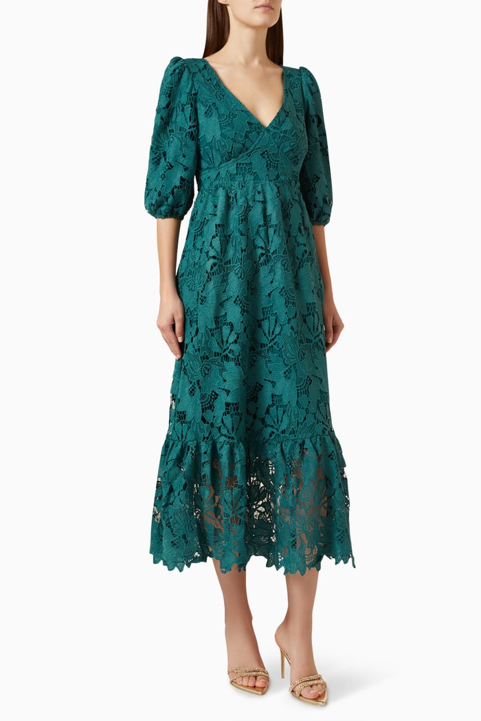 

V-neck Midi Dress in Lace, Green