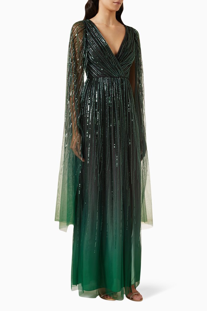 Ombre Beaded Gown in Polyester, Green