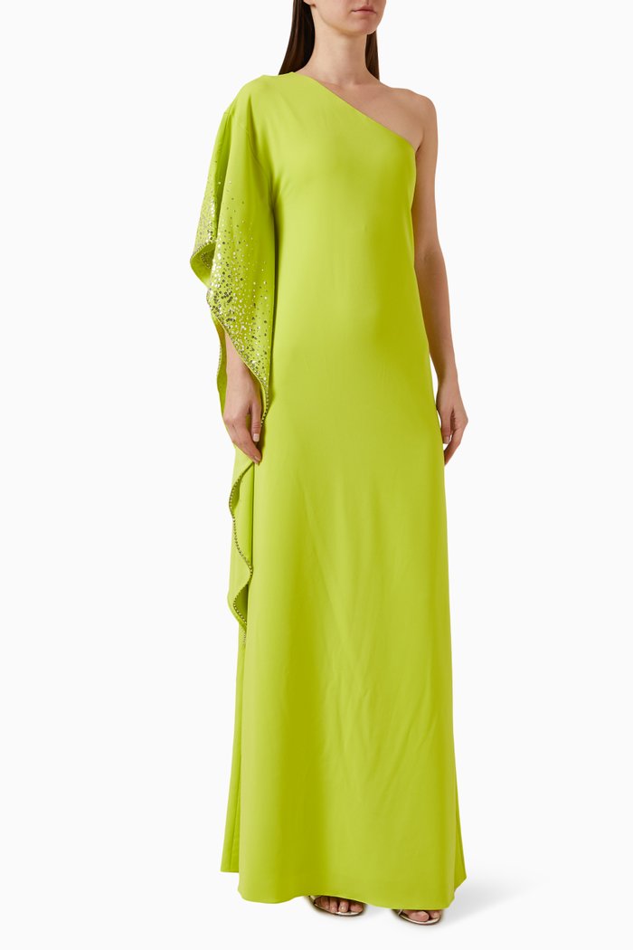 One Shoulder Kaftan in Crêpe, Green