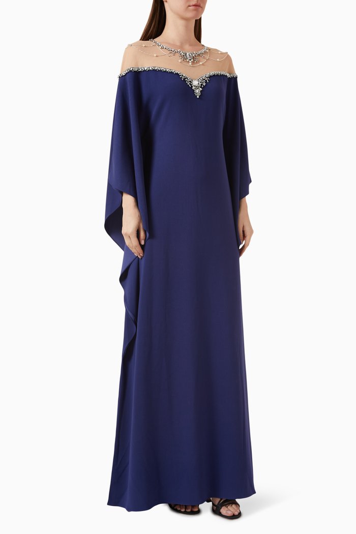 

Embroidered Tulle Kaftan in Crêpe, Blue