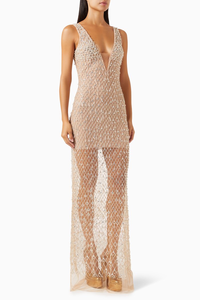 Diamond-embroidered Maxi Dress in Tulle, Neutral