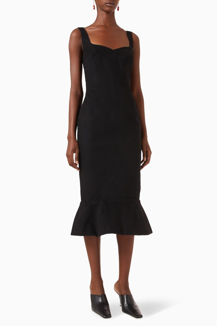

Flared-hem Midi Dress in Wool-blend, Black