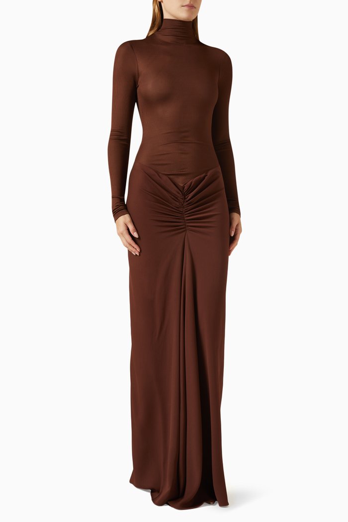 Fusion Gathered Maxi Dress in Stretch-viscose, Brown