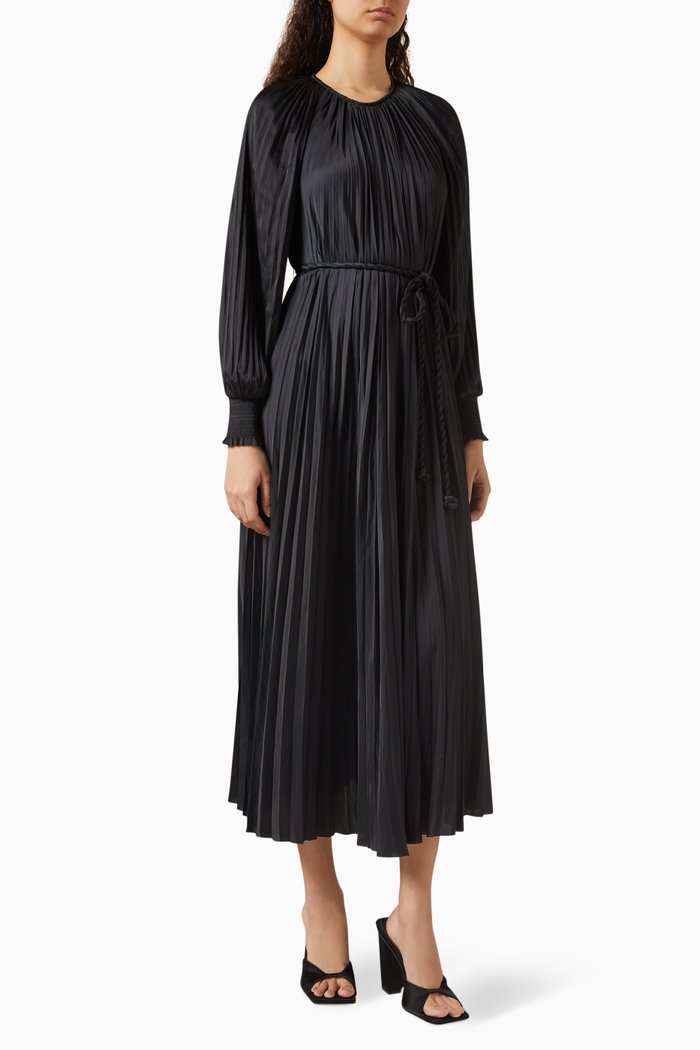 

Zora Pleated Midi Dress in Satin, Black
