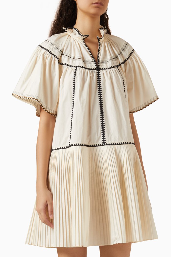 Desi Embroidered Mini Dress in Cotton, Neutral