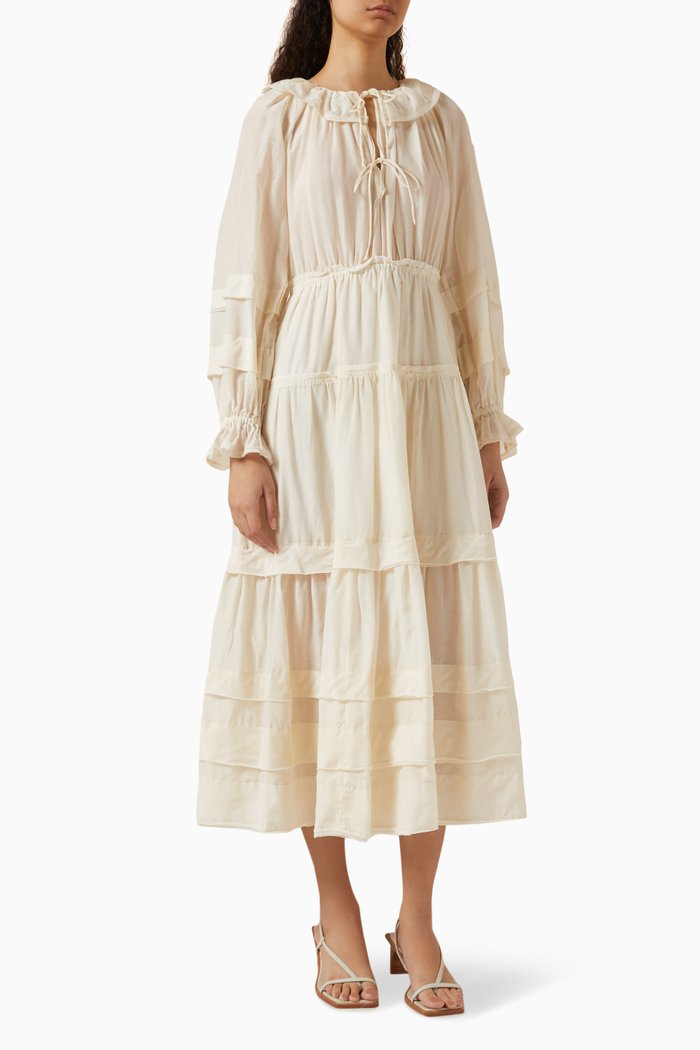 

Ethel Ruffled Midi Dress in Cotton-silk, Neutral