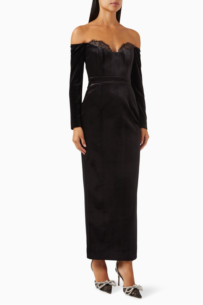 

Farah Bustier Maxi Dress in Velvet, Black