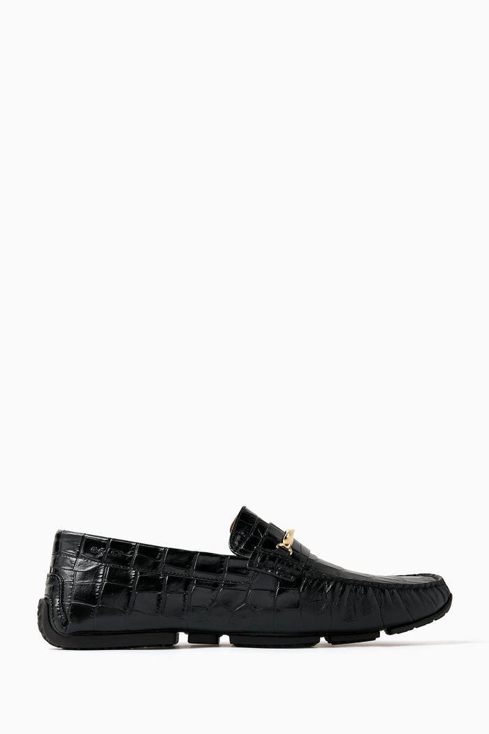 Perley Driver Shoes in Croc-embossed Leather, Black