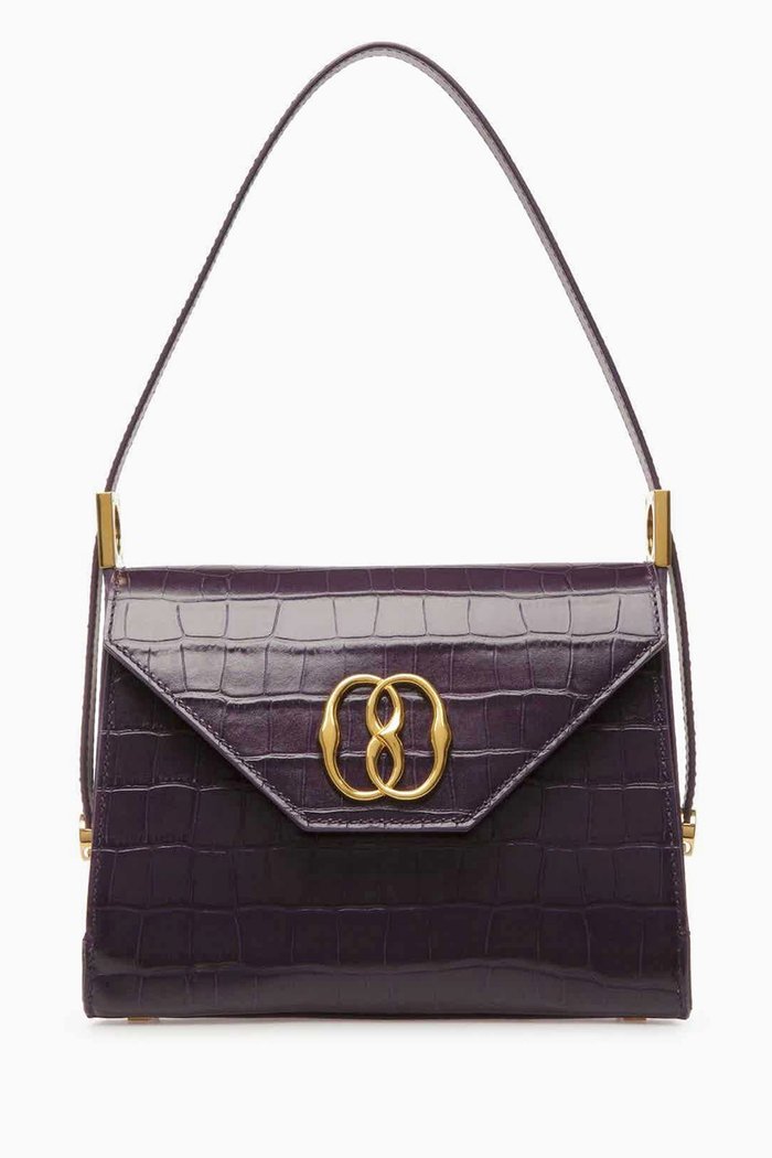 

Emblem Trapeze Shoulder Bag in Croc-embossed Leather, Purple