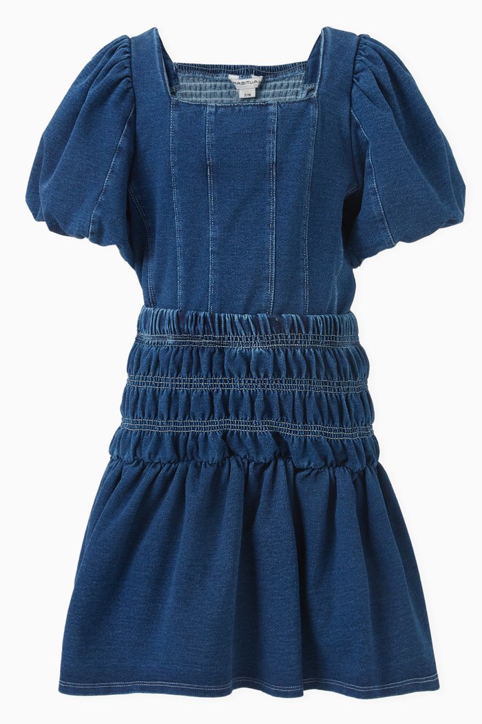 

Bubble-sleeve Top & Skirt Set in Denim, Blue