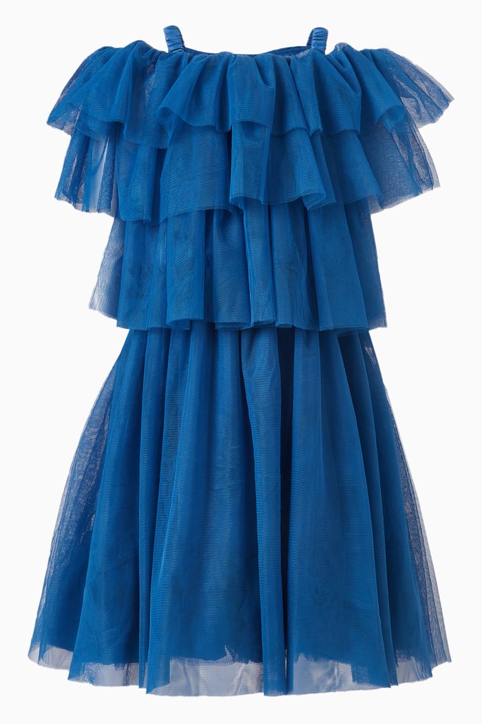 

Tiered Cold-shoulder Dress in Mesh, Blue