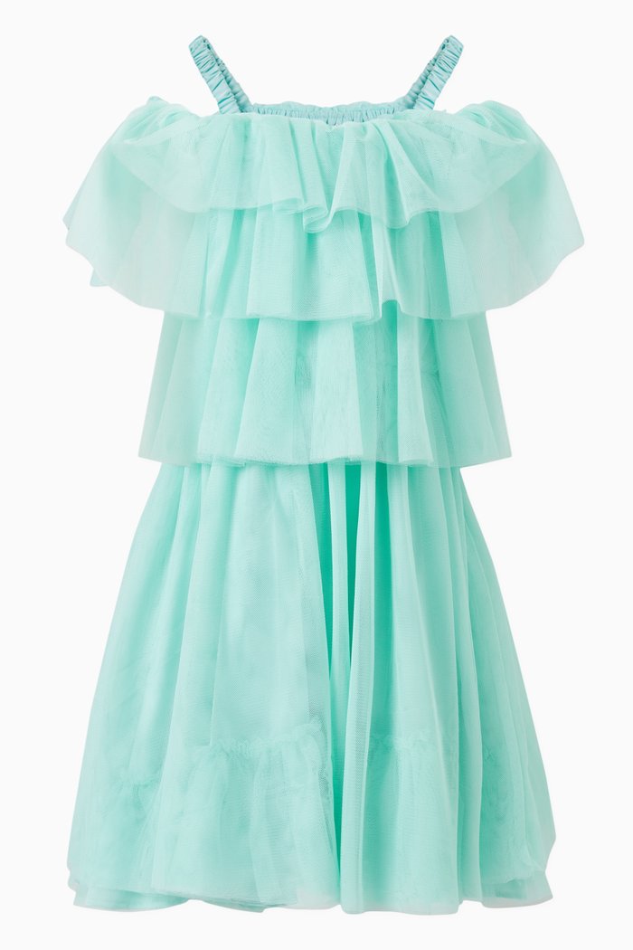 

Tiered Cold-shoulder Dress in Mesh, Blue
